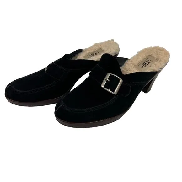 UGG Black Suede Shearling Slip On Heeled Mules