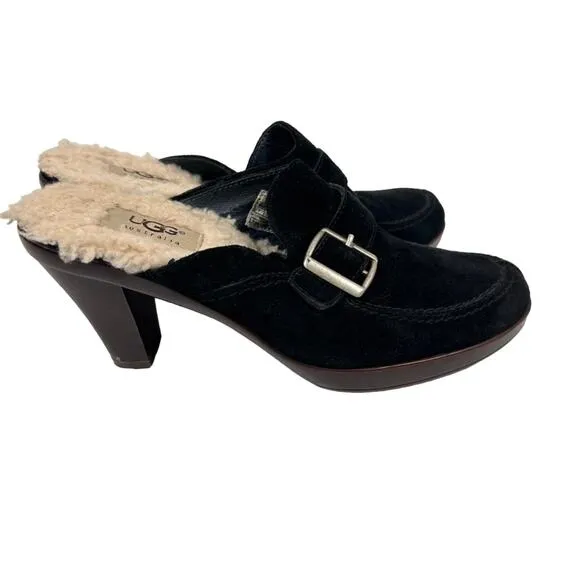 UGG Black Suede Shearling Slip On Heeled Mules