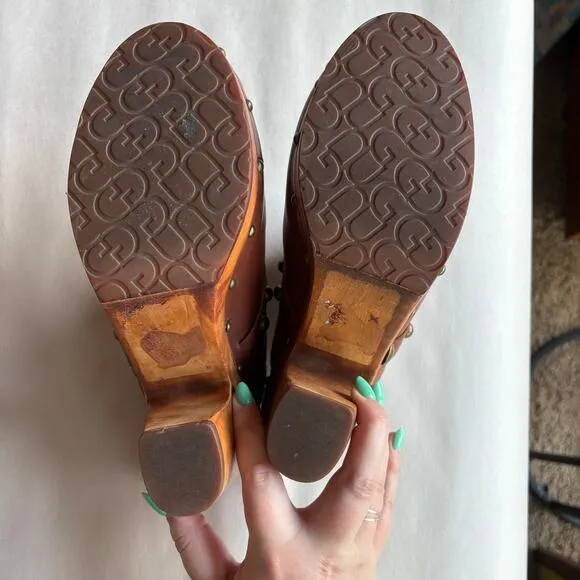 Ugg Jolene Brown Leather Studded Clogs Platform Boho Heeled Slip-Ons Size 10