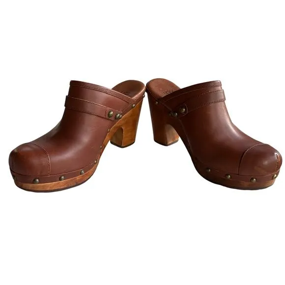 Ugg Jolene Brown Leather Studded Clogs Platform Boho Heeled Slip-Ons Size 10