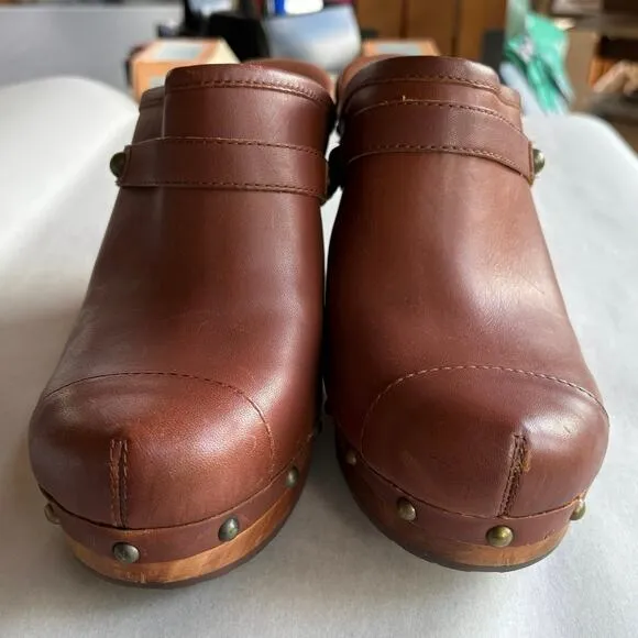 Ugg Jolene Brown Leather Studded Clogs Platform Boho Heeled Slip-Ons Size 10