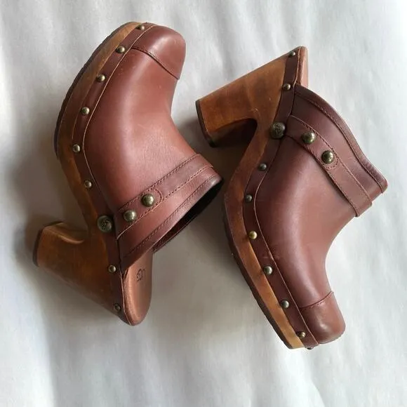 Ugg Jolene Brown Leather Studded Clogs Platform Boho Heeled Slip-Ons Size 10