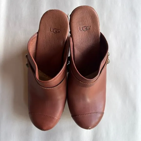 Ugg Jolene Brown Leather Studded Clogs Platform Boho Heeled Slip-Ons Size 10