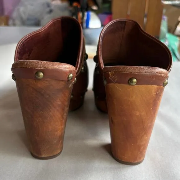 Ugg Jolene Brown Leather Studded Clogs Platform Boho Heeled Slip-Ons Size 10