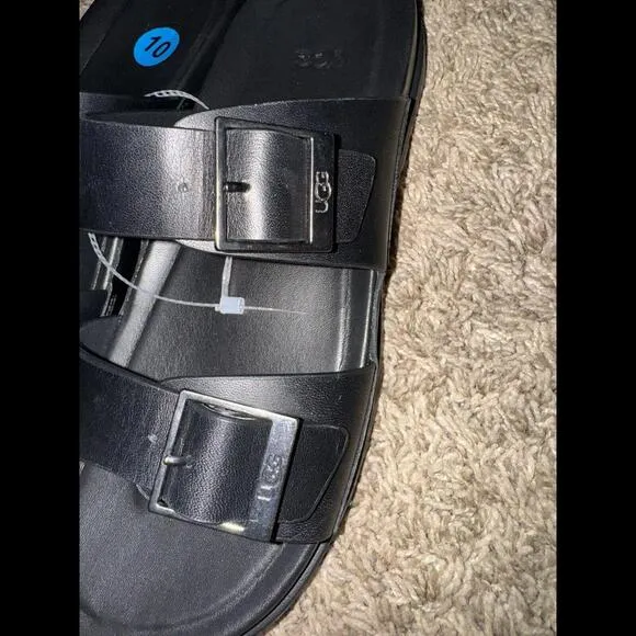 UGG Mens Wainscott Buckle Slide Black Leather 10 NEW!