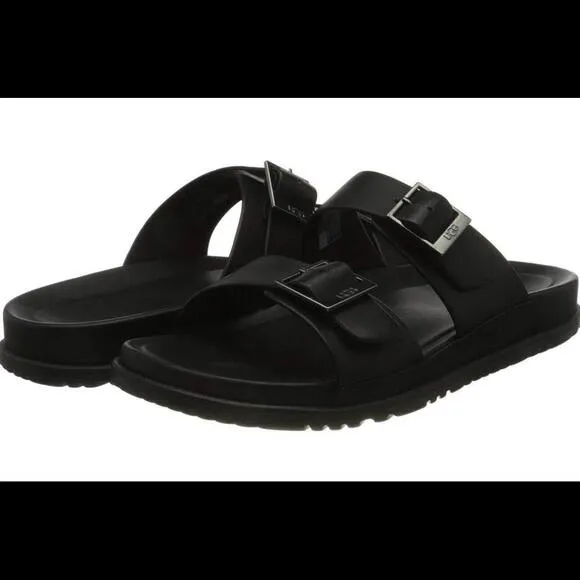 UGG Mens Wainscott Buckle Slide Black Leather 10 NEW!
