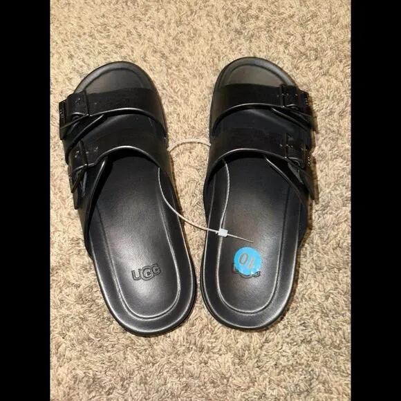UGG Mens Wainscott Buckle Slide Black Leather 10 NEW!