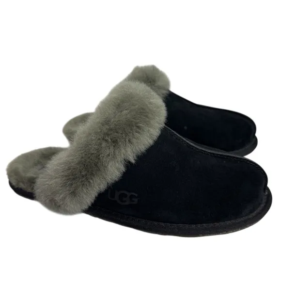 UGG Scuffette II Womens Slippers Size 9 Black Gray Suede Sheepskin Lined Mules