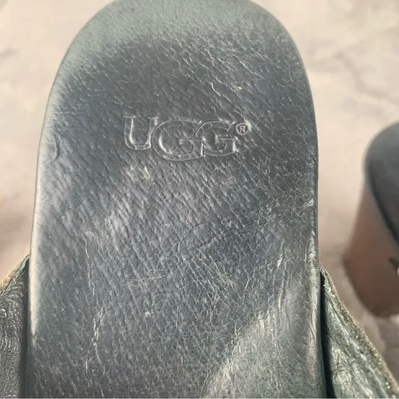 UGG Shoes Womens Black Heeled Clog Whipstitch Leather Shearling Mules Size 9