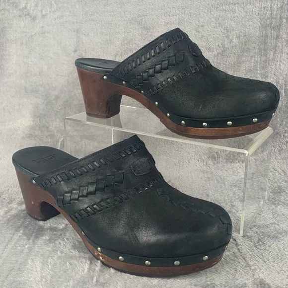 UGG Shoes Womens Black Heeled Clog Whipstitch Leather Shearling Mules Size 9