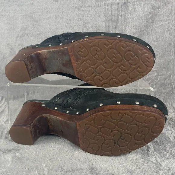 UGG Shoes Womens Black Heeled Clog Whipstitch Leather Shearling Mules Size 9