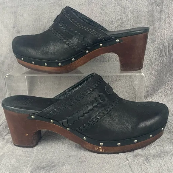 UGG Shoes Womens Black Heeled Clog Whipstitch Leather Shearling Mules Size 9