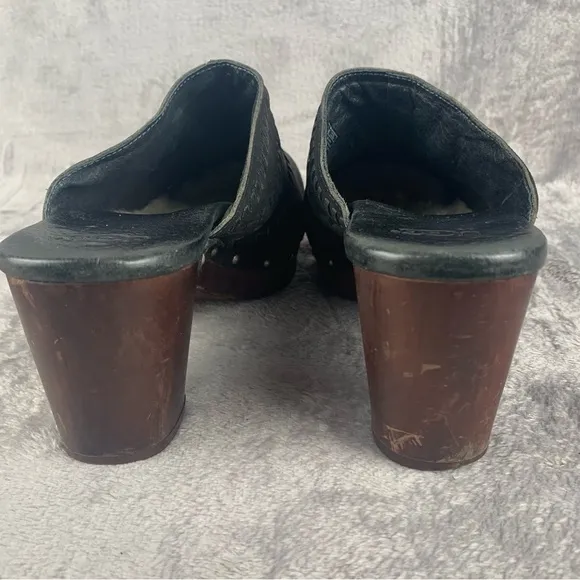 UGG Shoes Womens Black Heeled Clog Whipstitch Leather Shearling Mules Size 9