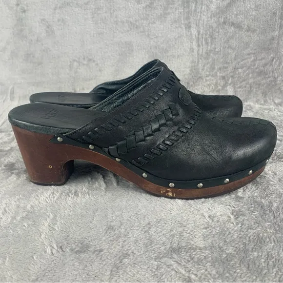 UGG Shoes Womens Black Heeled Clog Whipstitch Leather Shearling Mules Size 9