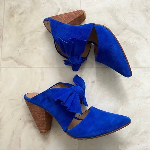 Ulla Johnson Lucia Blue Suede Bow Pointed Toe Block Heels Slip On Mules size 9.5
