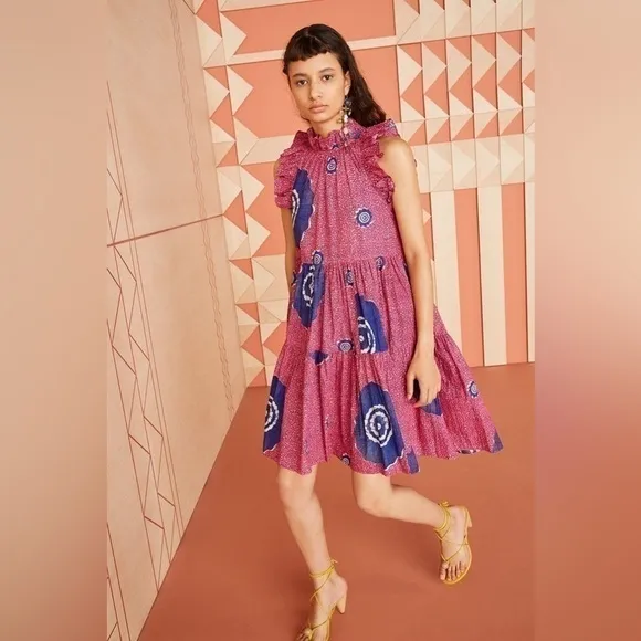 ULLA JOHNSONTamsin Tiered Sleeveless Printed High-Low Dress in Fuchsia EUC