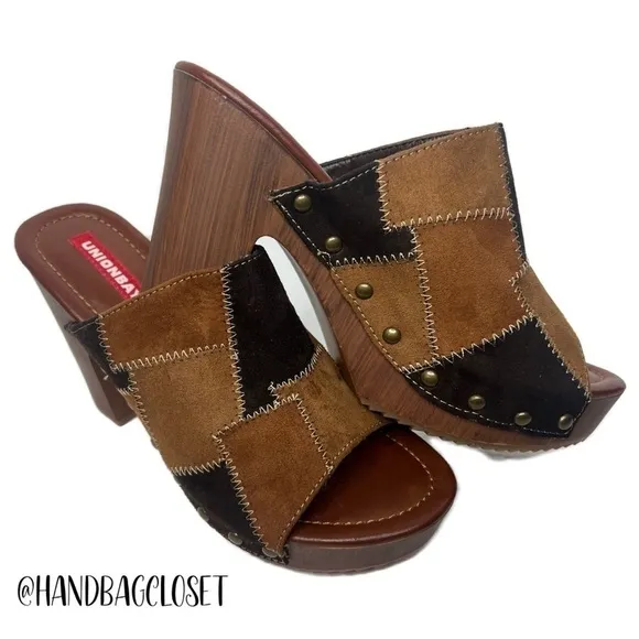 Unionbay Patchwork Suede Women’s Wood Hippie 90’s Style Platform Sandals 7.5