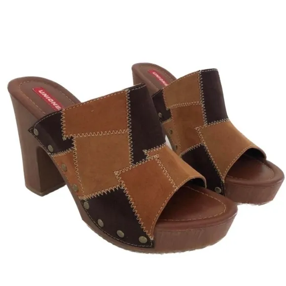 Unionbay Patchwork Suede Women’s Wood Hippie 90’s Style Platform Sandals 7.5