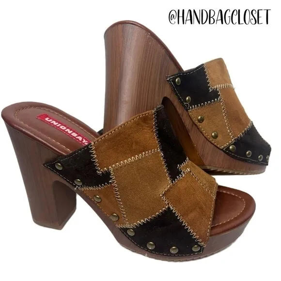 Unionbay Patchwork Suede Women’s Wood Hippie 90’s Style Platform Sandals 7.5