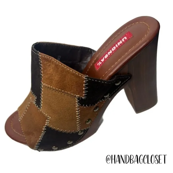 Unionbay Patchwork Suede Women’s Wood Hippie 90’s Style Platform Sandals 7.5
