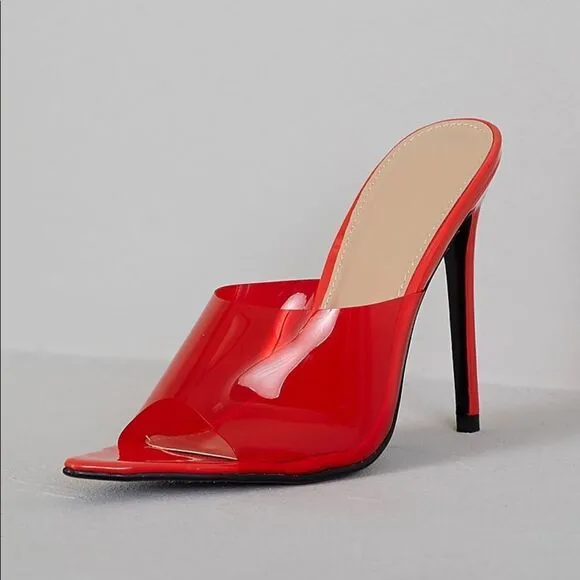 Valentines RED PVC POINTED TOE MULES