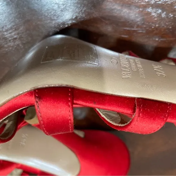 Valentino Garavani Red Satin Strappy Bow Heels, MISMATE, Right 7.5, Left  6.5