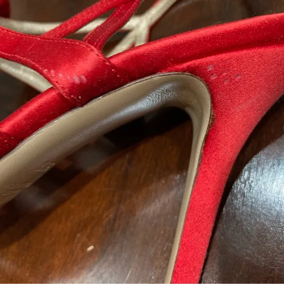 Valentino Garavani Red Satin Strappy Bow Heels, MISMATE, Right 7.5, Left  6.5
