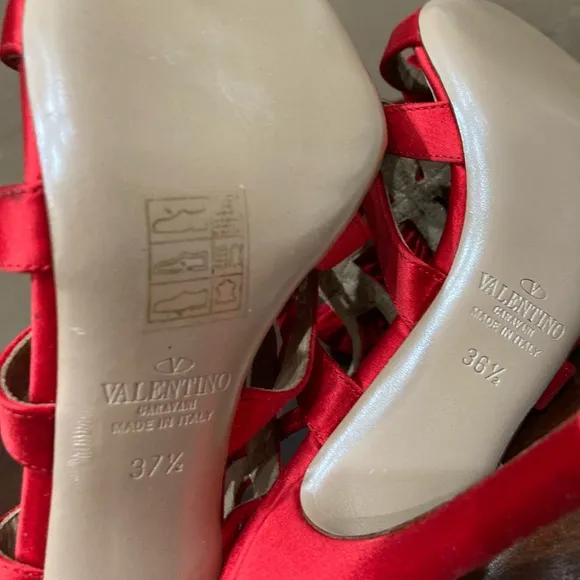 Valentino Garavani Red Satin Strappy Bow Heels, MISMATE, Right 7.5, Left  6.5