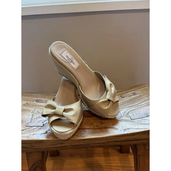 Valentino MENA Wedge Sandals Size 38 Bow Slide Patent Espadrille Slides Italy