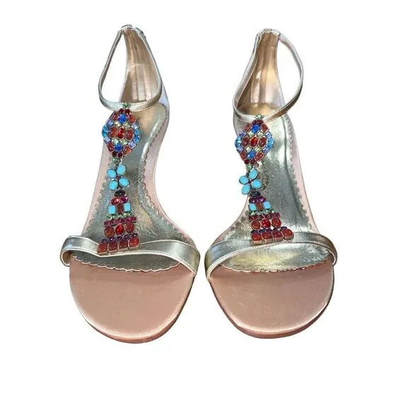 Valerie Stevens-Mosaic-Beaded Strappy Sandal Heels - Gold Leather - Womens Sz 10