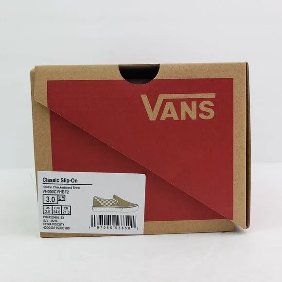 Vans Kinds Kids Size 3Y Neutral Brown white Checkerboard Classic Slip On Shoes