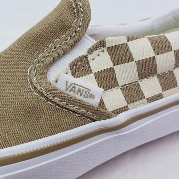 Vans Kinds Kids Size 3Y Neutral Brown white Checkerboard Classic Slip On Shoes