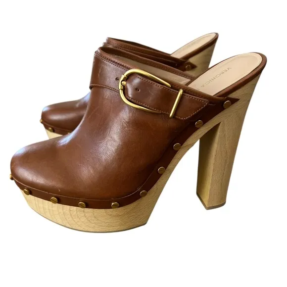 Veronica Beard Alek Brown Leather Heeled Buckle Clogs – Sz 10.5M