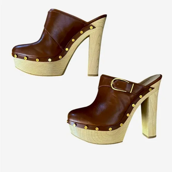 Veronica Beard Alek Brown Leather Heeled Buckle Clogs – Sz 10.5M