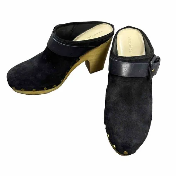 Veronica Beard Black Studded Dacey Suede Size 10.5 M Clog Mules Heel