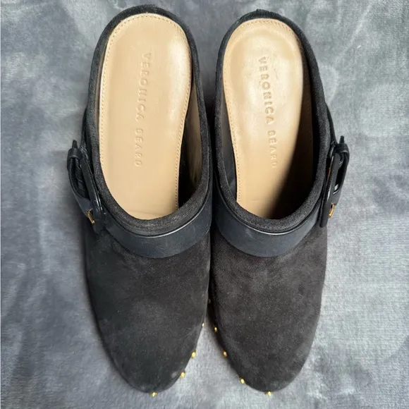 Veronica Beard Black Suede Wooden Clogs