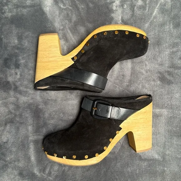 Veronica Beard Black Suede Wooden Clogs