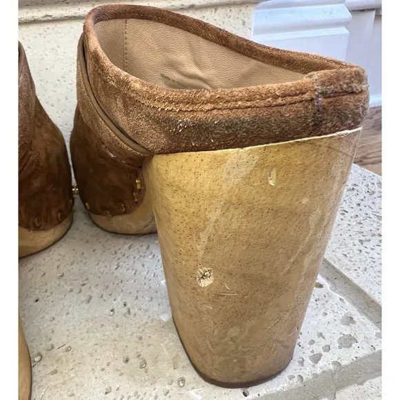 Veronica Beard Dacey Heeled Slip On Clogs Brown Suede Clogs Gold Accents Sz 11