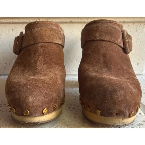 Veronica Beard Dacey Heeled Slip On Clogs Brown Suede Clogs Gold Accents Sz 11