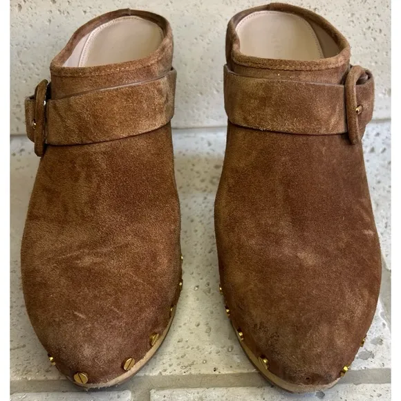 Veronica Beard Dacey Heeled Slip On Clogs Brown Suede Clogs Gold Accents Sz 11