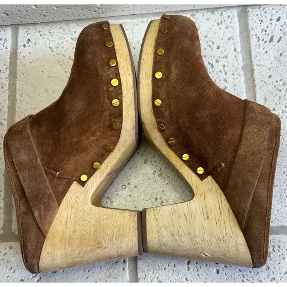 Veronica Beard Dacey Heeled Slip On Clogs Brown Suede Clogs Gold Accents Sz 11