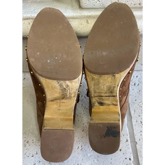 Veronica Beard Dacey Heeled Slip On Clogs Brown Suede Clogs Gold Accents Sz 11