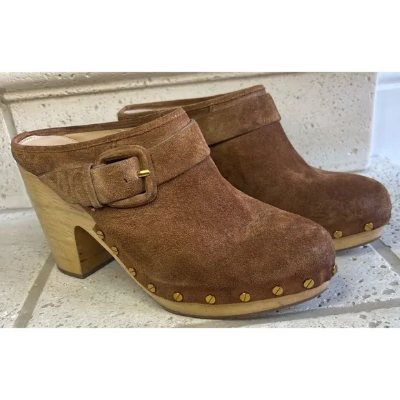 Veronica Beard Dacey Heeled Slip On Clogs Brown Suede Clogs Gold Accents Sz 11