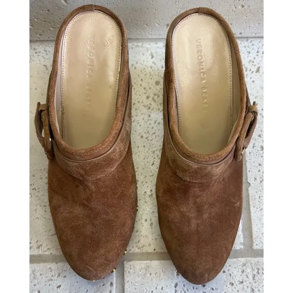 Veronica Beard Dacey Heeled Slip On Clogs Brown Suede Clogs Gold Accents Sz 11