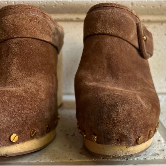 Veronica Beard Dacey Heeled Slip On Clogs Brown Suede Clogs Gold Accents Sz 11