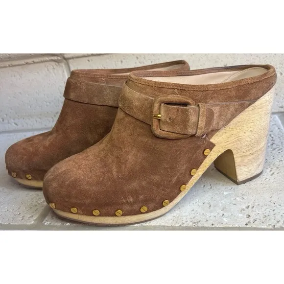 Veronica Beard Dacey Heeled Slip On Clogs Brown Suede Clogs Gold Accents Sz 11