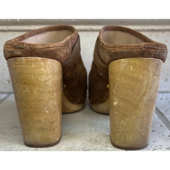 Veronica Beard Dacey Heeled Slip On Clogs Brown Suede Clogs Gold Accents Sz 11