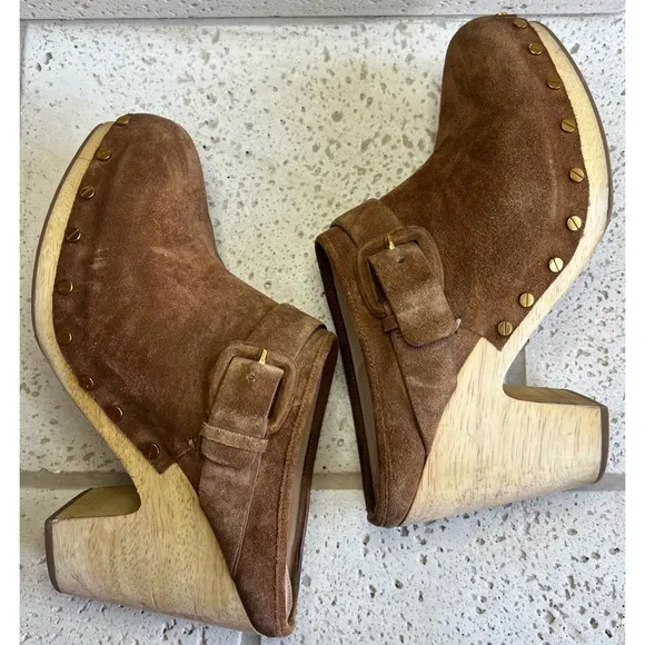 Veronica Beard Dacey Heeled Slip On Clogs Brown Suede Clogs Gold Accents Sz 11