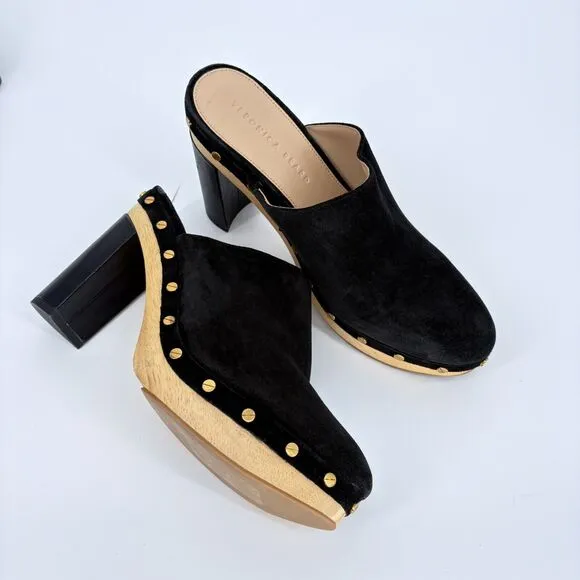 Veronica Beard Grita Black Suede Studded Heeled mules Slip‎ On Clogs Size 9M