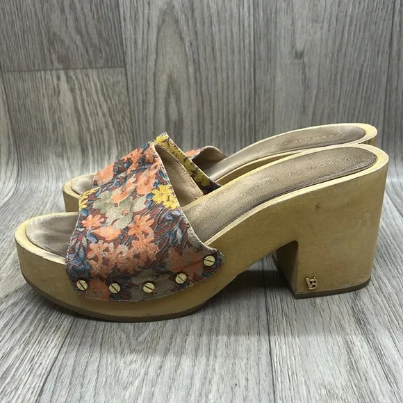 Veronica Beard Hannalee Floral  Heeled Open Toe Clogs Mules